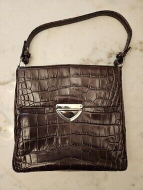 Danier Croc-Embossed Leather Bag in Brown With Crossbody Or Handle Strap.